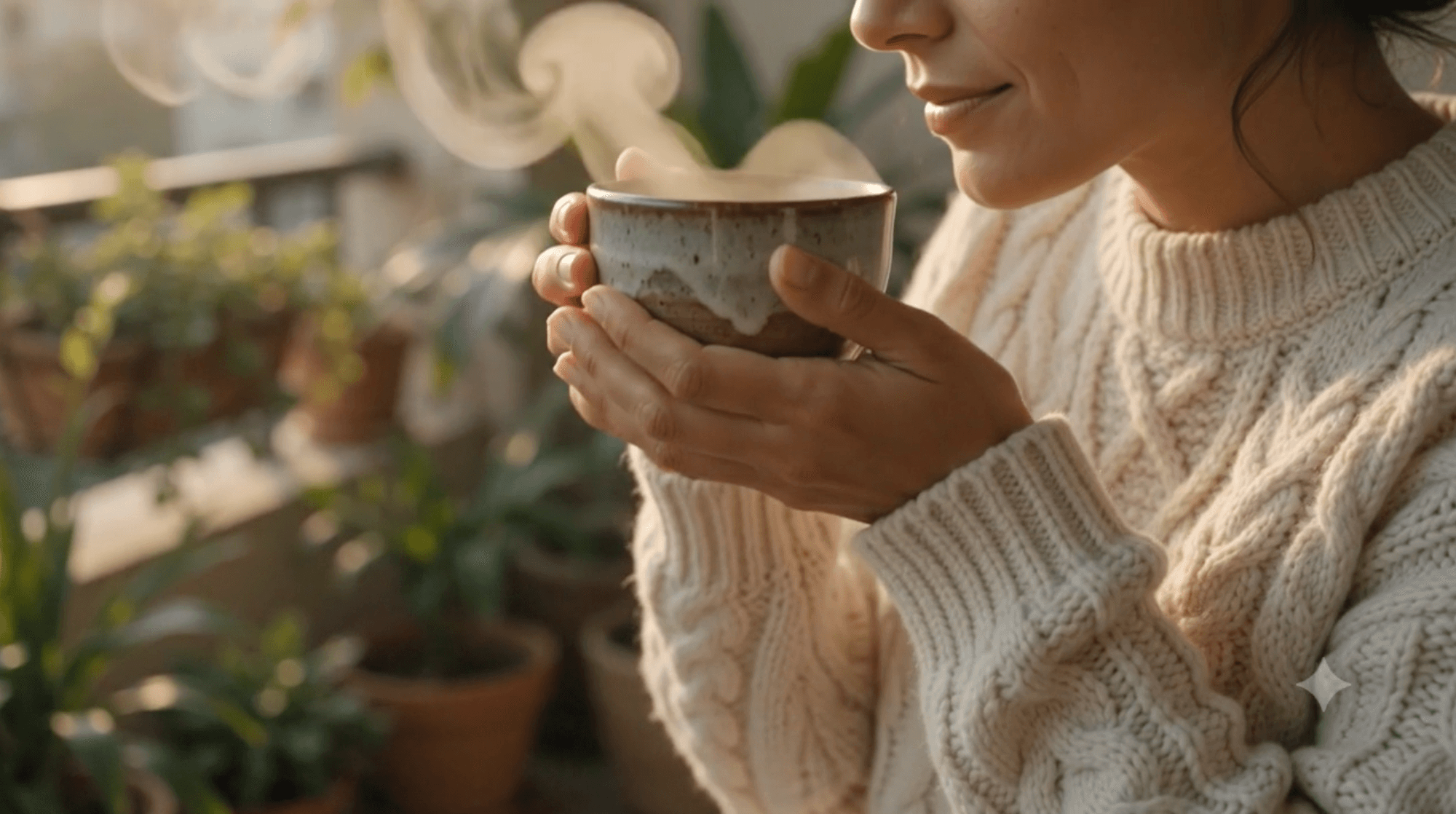 Hands cradling a steaming glass of masala chai by a window