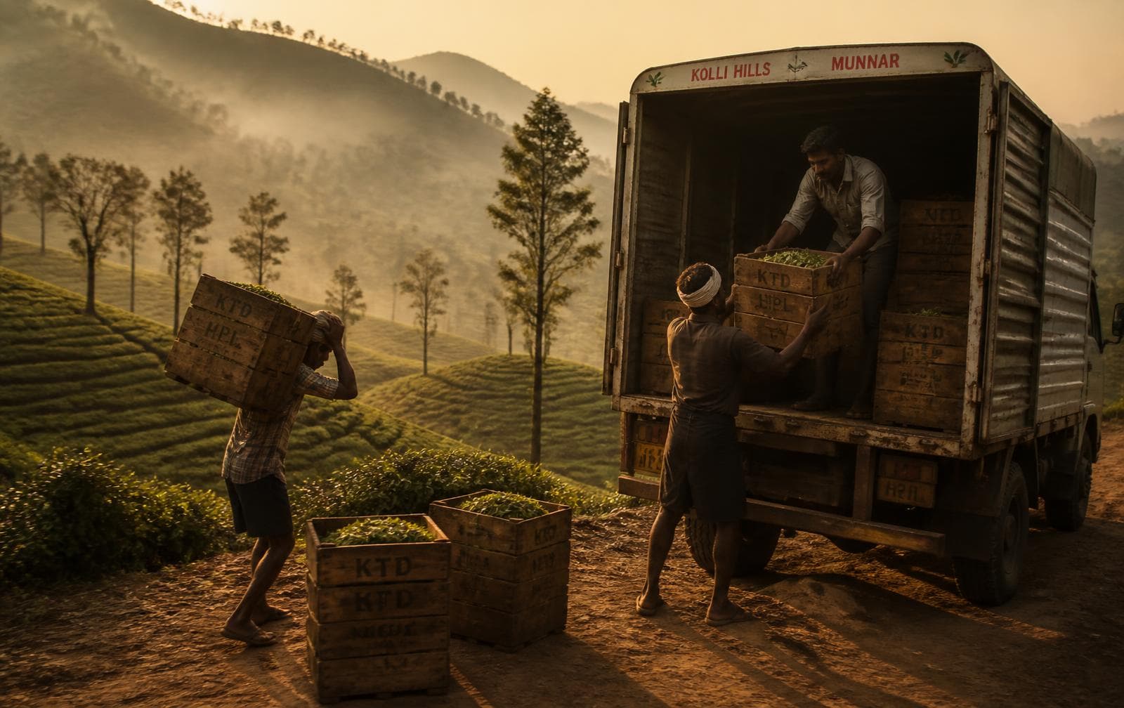 Wooden crates of freshly plucked tea being loaded onto a truck on a hill road